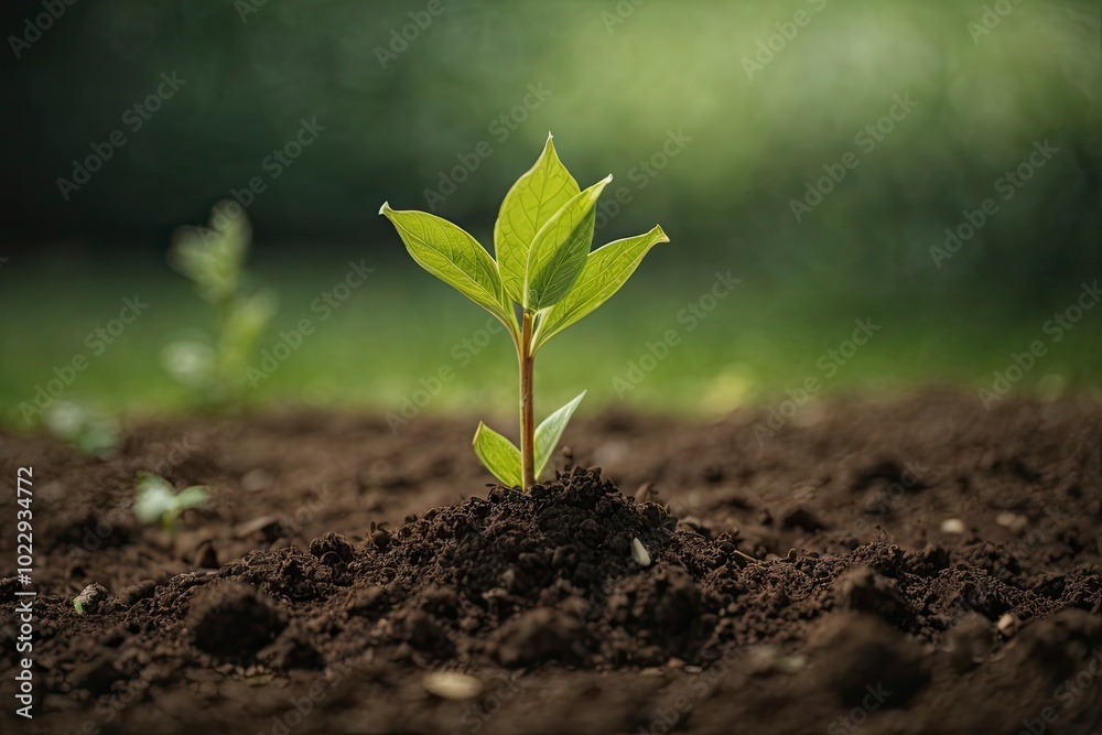 Fototapeta premium Young plant growing from soil in blurred background. Seedling emergence in blurred soil