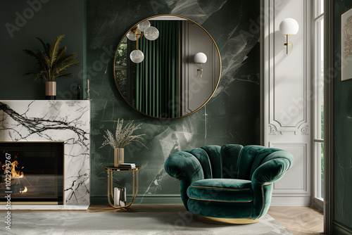 living room interior design, Art deco-inspired interior with a velvet forest green armchair, a round brass mirror, and a marble fireplace, exuding a rich, opulent style in a modern setting.
