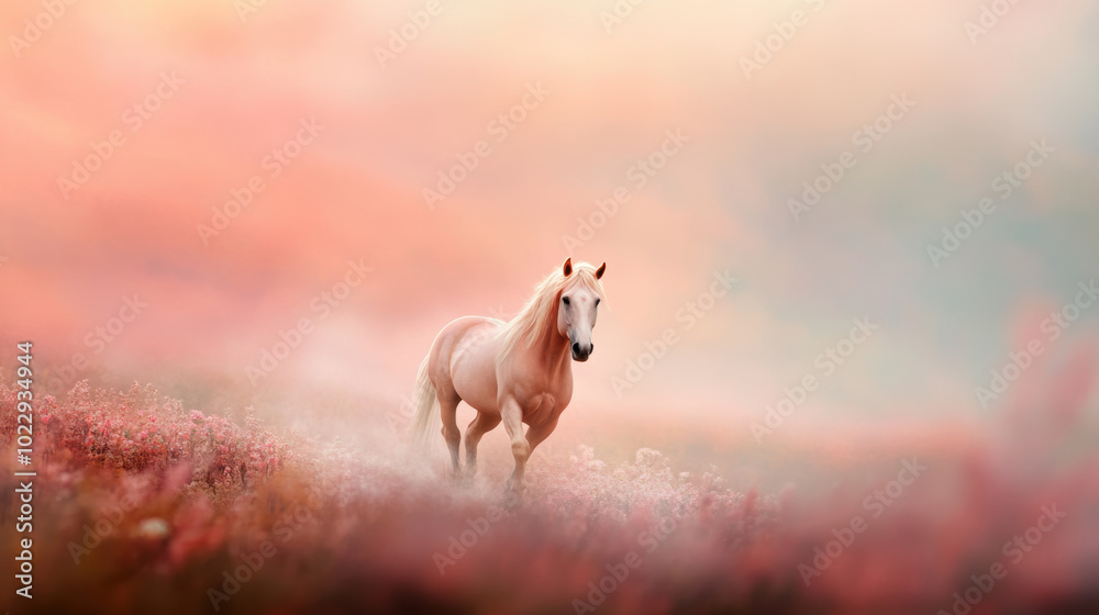 Fototapeta premium majestic horse gallops through dreamy pastel landscape, surrounded by soft flowers and mist. serene atmosphere evokes sense of tranquility and wonder