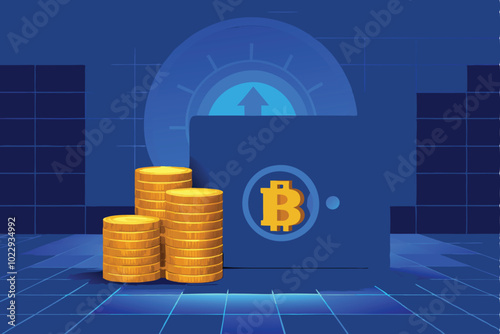 Create a vector illustration of a Bitcoin vault with a digital currency symbol.