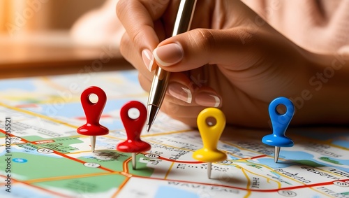 Colorful pins on a city map while assessing real estate investment
