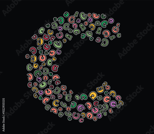 A vibrant assortment of multicolored C letters in different fonts and styles arranged dynamically on Large C font isolated on black