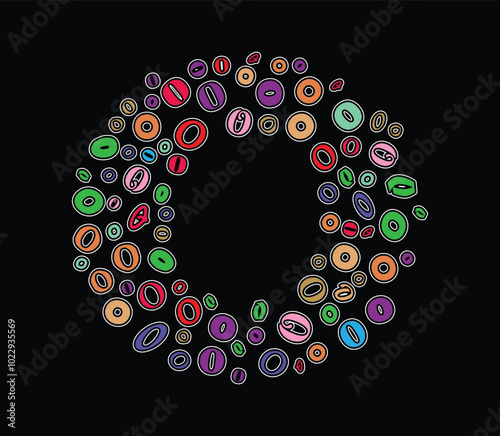 A vibrant assortment of multicolored O letters in different fonts and styles arranged dynamically on Large O font isolated on black