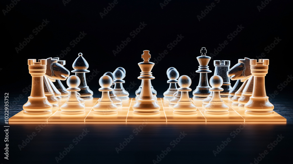 Naklejka premium Illuminated transparent chess pieces arranged on a chessboard with a glowing effect against a dark background, highlighting the chess set details.