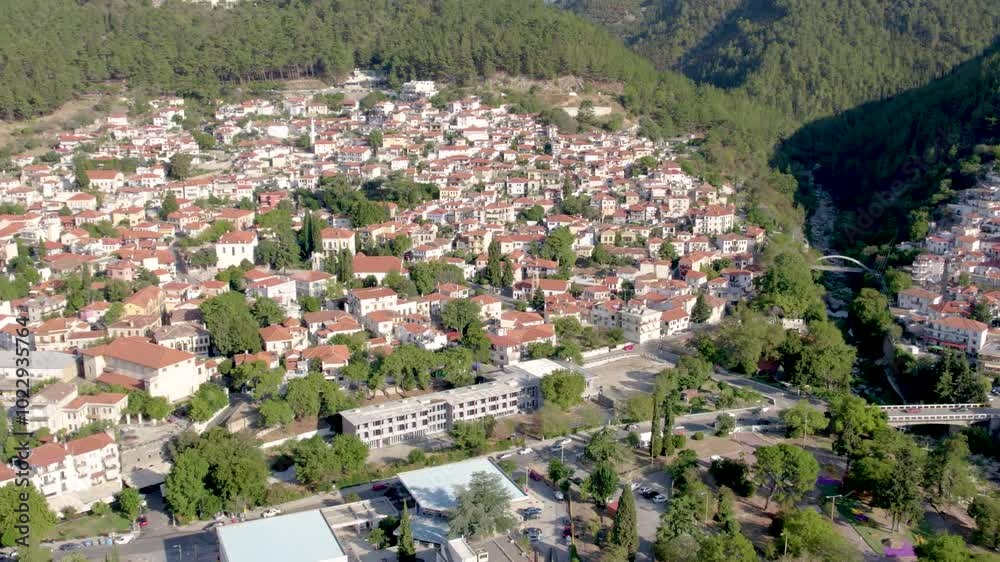 Xanthi Greece Aerial Panning Shot, Old Town and City Center Panorama View Xanthi Greece Aerial Panning Shot, Old Town and City Center Panorama View