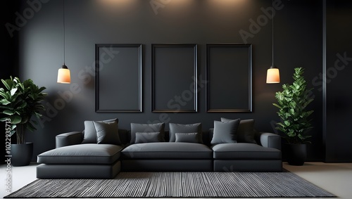 Living room with sofa interior with three empty frame on the wall
