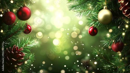 Christmas background with pine tree branches and decorations in light green color