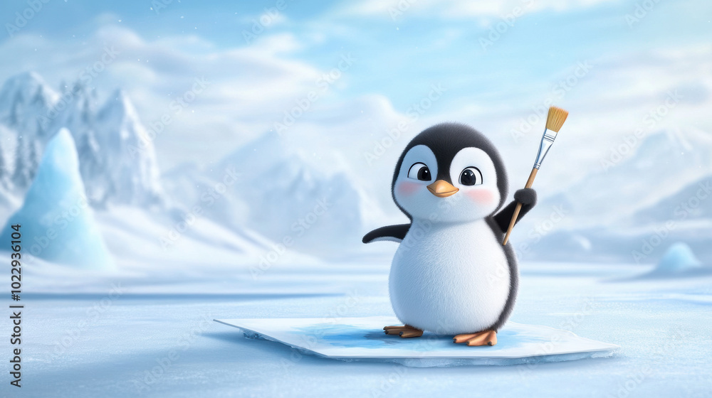 Obraz premium cheerful penguin holding paintbrush stands on ice sheet, ready to create masterpiece in snowy landscape. scene is vibrant and playful, capturing joy of artistic expression