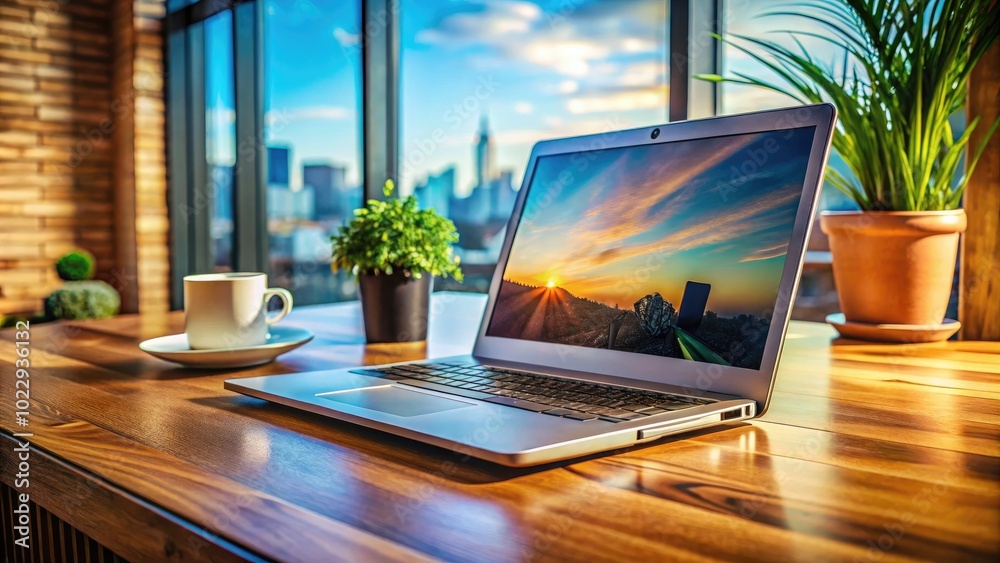 Fototapeta premium Modern Front View of a Sleek Laptop on a Wooden Desk with a Minimalistic Workstation Setup