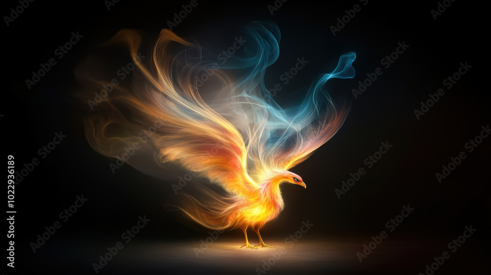 phoenix rising from flames with vibrant feathers symbolizes rebirth and transformation, showcasing stunning display of colors and ethereal smoke
