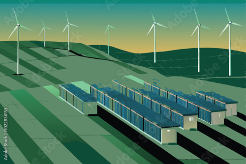 Futuristic battery farm in a field with wind turbines in the background.