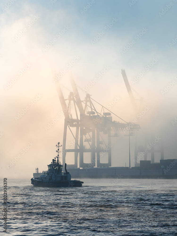 Nebel im Hamburger Hafen. mit einem Schlepper im Vordergrund Nebel im Hamburger Hafen. mit einem Schlepper im Vordergrund