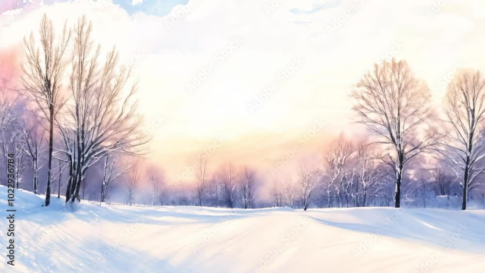 Serene winter landscape with snow-covered trees at sunrise Serene winter landscape with snow-covered trees at sunrise