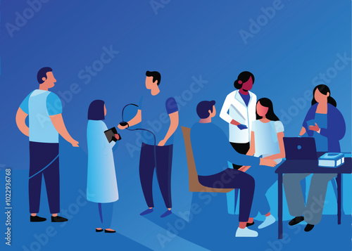 Create a vector illustration of a health screening event featuring a group of people, including doctors and patients, engaging in medical checks.