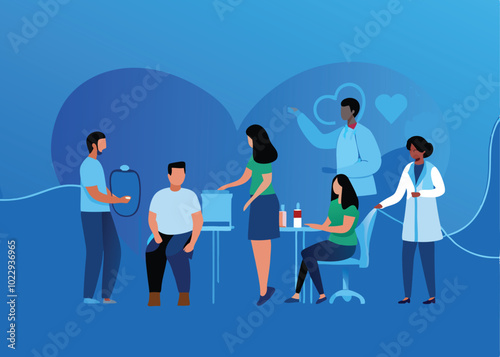 Create a vector illustration of a health screening event with people getting their blood pressure checked, talking to a doctor, and signing up for health insurance.