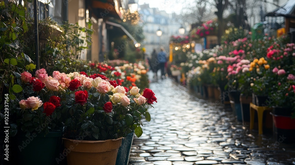 A narrow cobblestone street lined with flower pots filled with colorful roses, creating a vibrant and romantic atmosphere. A narrow cobblestone street lined with flower pots filled with colorful roses, creating a vibrant and romantic atmosphere.