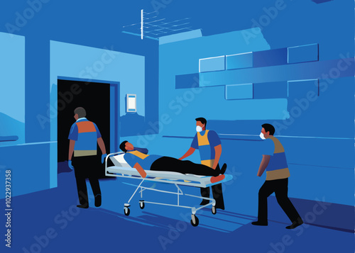 Create a vector illustration of a medical emergency room with a patient on a stretcher being wheeled in by two medical professionals.