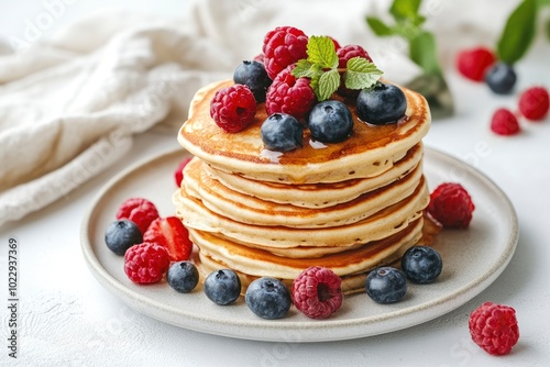 Pancakes stack on white background - generative ai