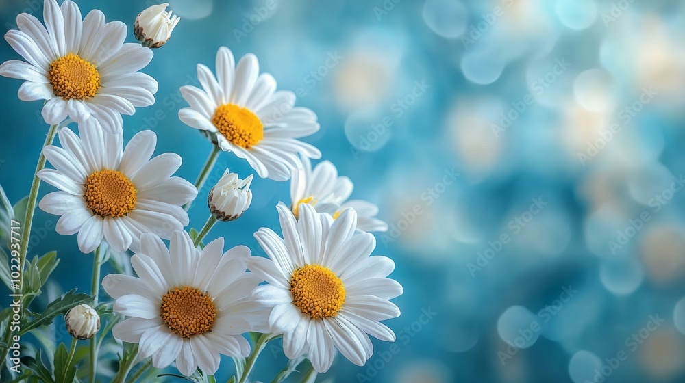 White daisies with a yellow center blooming on a blue bokeh background, a cheerful and bright floral background with copy space White daisies with a yellow center blooming on a blue bokeh background, a cheerful and bright floral background with copy space