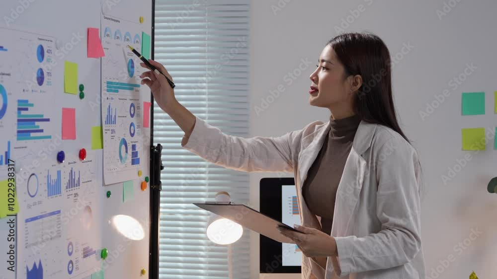 Businesswoman is explaining positive financial results using a whiteboard with charts and graphs Businesswoman is explaining positive financial results using a whiteboard with charts and graphs