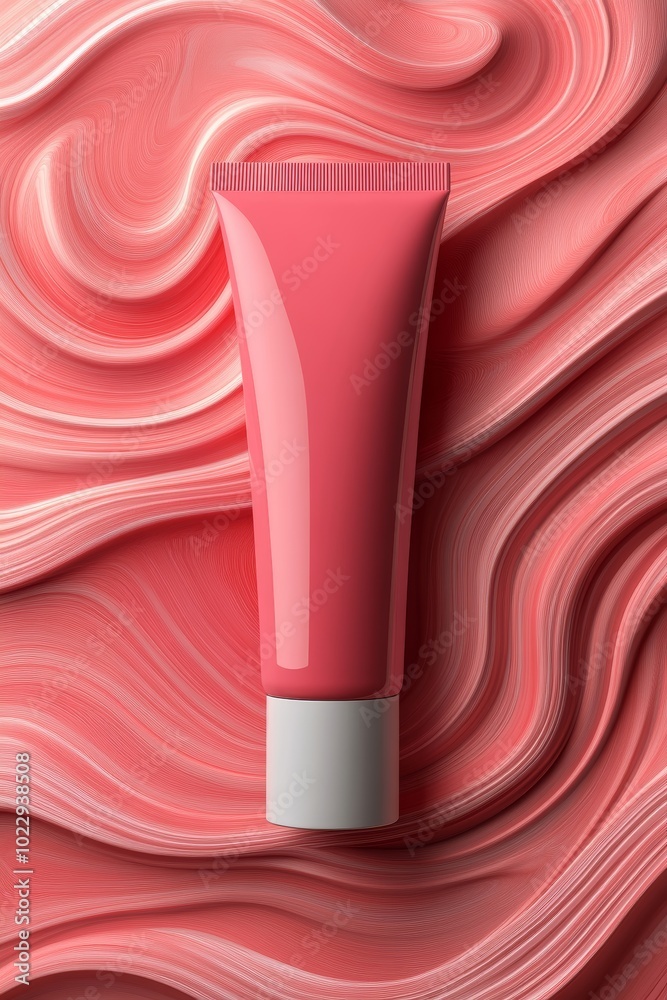 Pink Cosmetic Cream Tube Mockup on Abstract Swirl Background Pink Cosmetic Cream Tube Mockup on Abstract Swirl Background