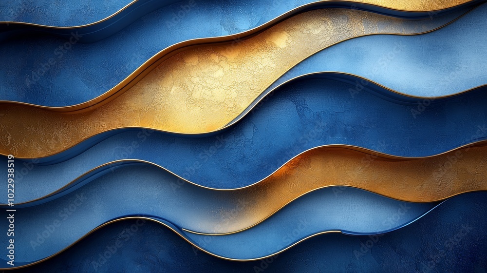 Captivating 3d illustration with golden stripes flowing on blue background, exuding elegance and modernity for trendy projects