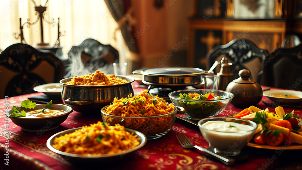 A grand desi dining table with a steaming pot of biryani, a glass bowl of raita, and a vibrant salad, all laid out on a rich, traditional tablecloth. A grand desi dining table with a steaming pot of biryani, a glass bowl of raita, and a vibrant salad, all laid out on a rich, traditional tablecloth.