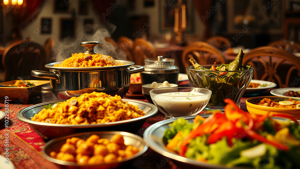 A grand desi dining table with a steaming pot of biryani, a glass bowl of raita, and a vibrant salad, all laid out on a rich, traditional tablecloth. A grand desi dining table with a steaming pot of biryani, a glass bowl of raita, and a vibrant salad, all laid out on a rich, traditional tablecloth.