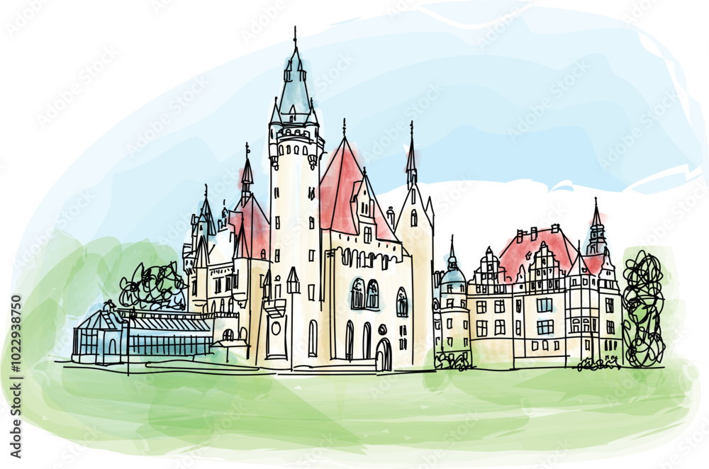 17th century Moszna Castle, historic castle and residence located in small village, one of the best known monuments in western part of Upper Silesia - vector illustration