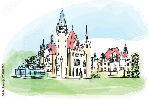 Obraz na płótnie 17th century Moszna Castle, historic castle and residence located in small village, one of the best known monuments in western part of Upper Silesia - vector illustration w salonie