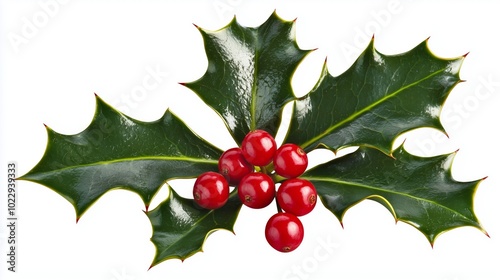 Sprig of Holly with Glossy Dark Green Serrated Leaves and Bright Red Berries on Plain White Background
