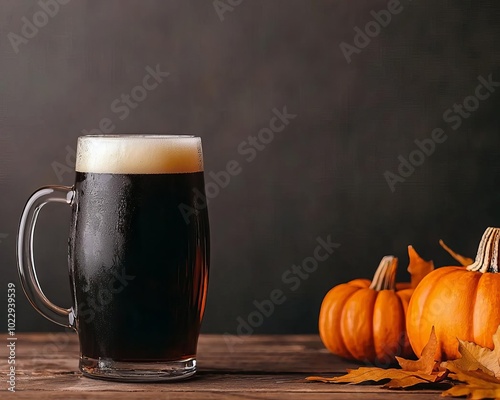 Pumpkin beer with a frothy head next to small pumpkins on wooden surface photo