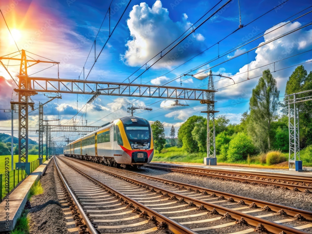 Fototapeta premium Modern Rail Electrification Infrastructure with Overhead Catenary Wires and Electric Train System