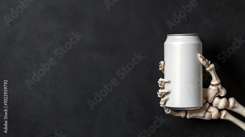 Skeleton hand holding a white can on a dark background.