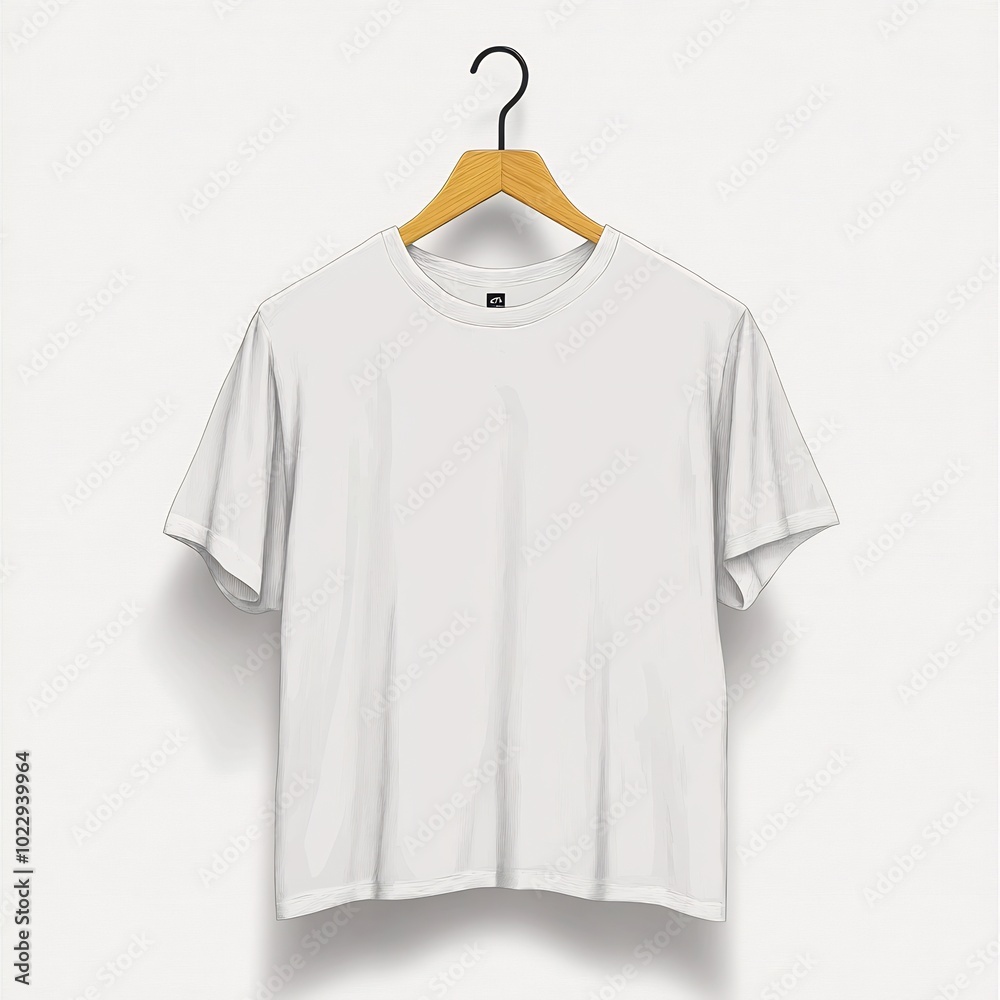 Casual t-shirt hanging on a wooden hanger, white background, minimalist illustration Casual t-shirt hanging on a wooden hanger, white background, minimalist illustration