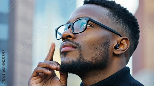 Thoughtful man with glasses using wireless earbuds, deep in contemplation in a modern city setting. Technology, urban lifestyle, and focus for work or personal reflection concepts