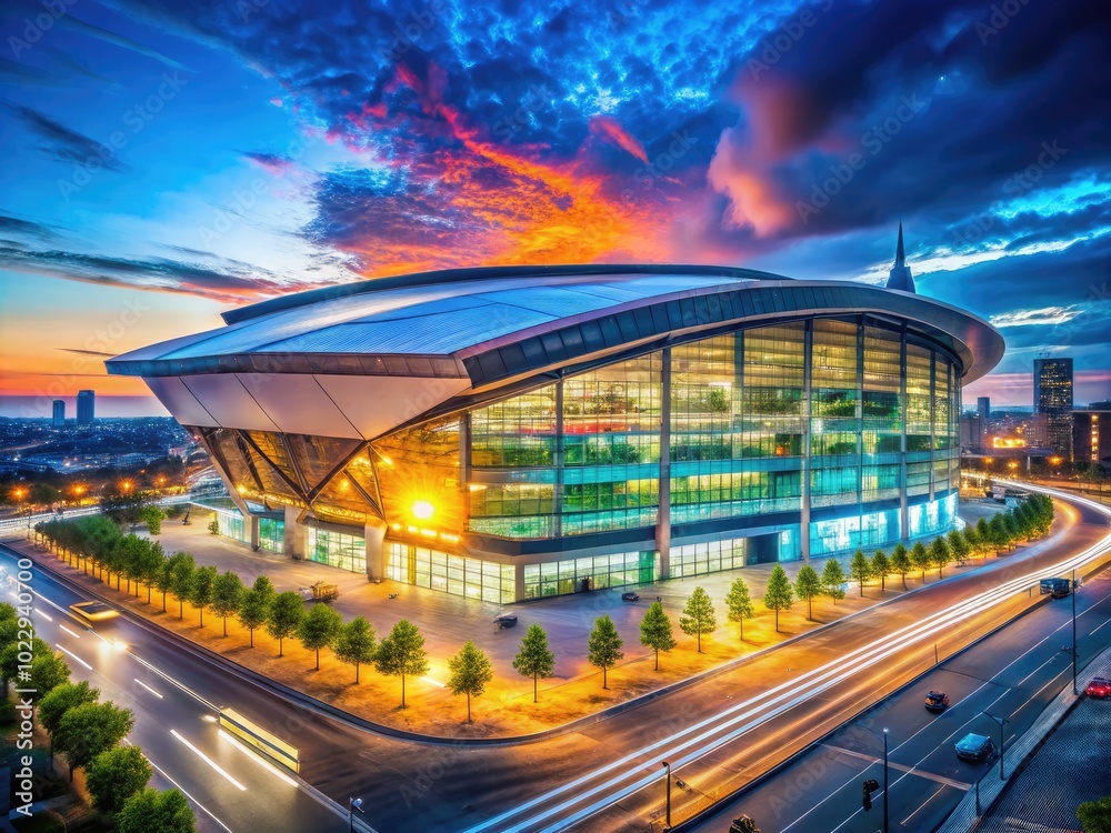 Modern sports arena with vibrant exterior lights and architectural design in a bustling urban setting Modern sports arena with vibrant exterior lights and architectural design in a bustling urban setting