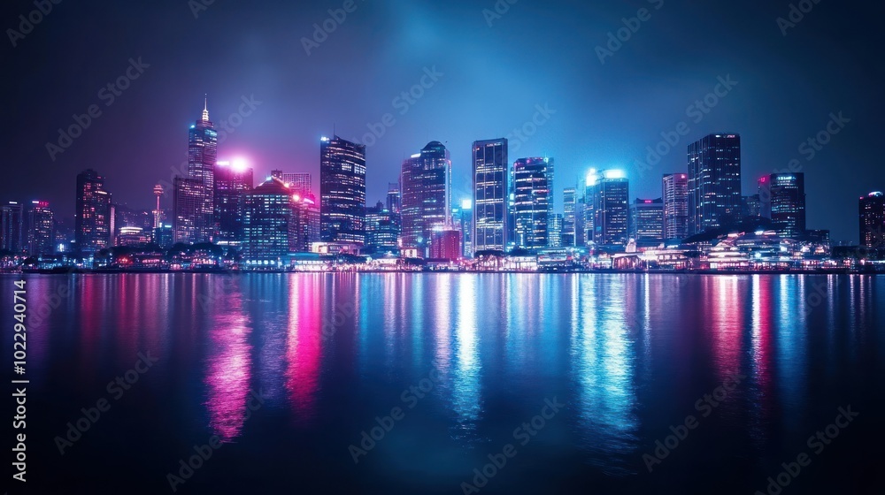 Fototapeta premium Nighttime cityscape with skyscrapers illuminated by vibrant pink and blue lights reflected in the water