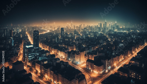 Abstract Night Cityscape Background with Bokeh Defocused Lights and Vintage Color Tones.