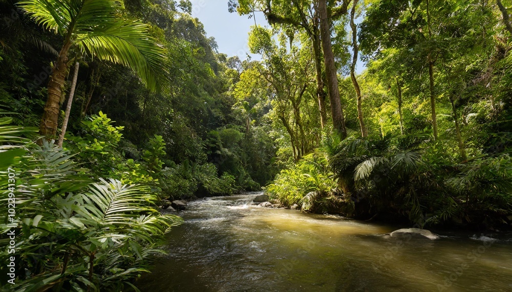 Flowing River Meandering Through a Dense Tropical Rainforest, Surrounded by Exotic Plants and Sunlit Trees, Captured in Midday Sun for a Scenic Nature Landscape Scene Flowing River Meandering Through a Dense Tropical Rainforest, Surrounded by Exotic Plants and Sunlit Trees, Captured in Midday Sun for a Scenic Nature Landscape Scene