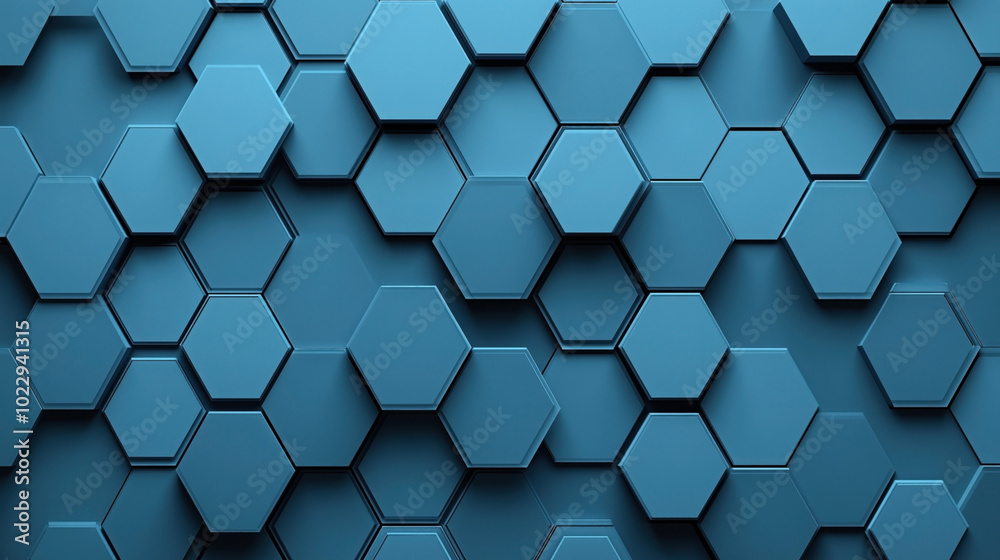 Abstract 3D of overlapping blue hexagonal patterns creating a geometric honeycomb structure with shadows and depth. Abstract 3D of overlapping blue hexagonal patterns creating a geometric honeycomb structure with shadows and depth.