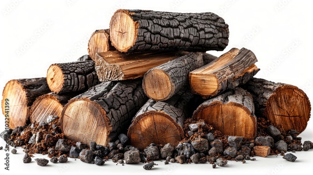 A pile of charred logs and wood chips on a white background. A pile of charred logs and wood chips on a white background.