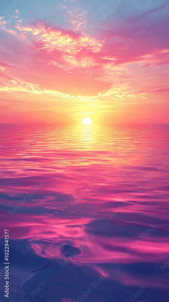 Obraz premium The sun sets over a calm ocean, painting the sky in shades of pink, purple, and orange, reflecting in the water below