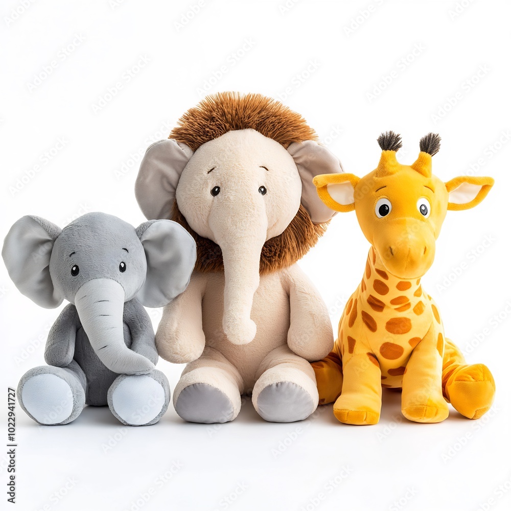 Obraz premium Collection of plush animals like a lion, elephant, and giraffe on a white background