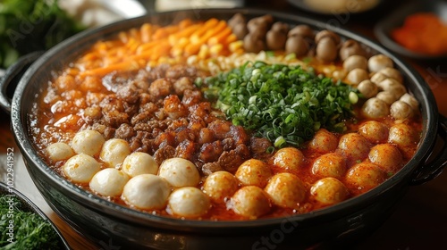 a bubbling spicy hot pot brimming with succulent meats fresh vegetables and mushrooms captured in a gleaming silver pot inviting appetites and sharing