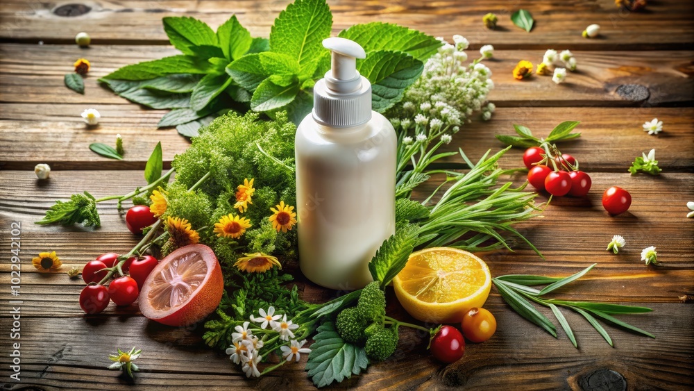 Moisturizing lotion in a stylish bottle on a wooden background with natural ingredients and herbs Moisturizing lotion in a stylish bottle on a wooden background with natural ingredients and herbs