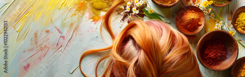 Blonde shiny highlight woman hair background texture with herbs white table