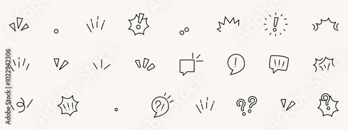 Set of hand-drawn simple various signs, exclamation marks, question marks, speech bubbles, emotions