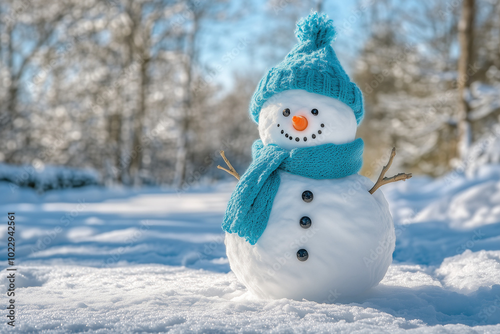 Obraz premium Cute snowman in blue scarf and hat, standing in white snow field
