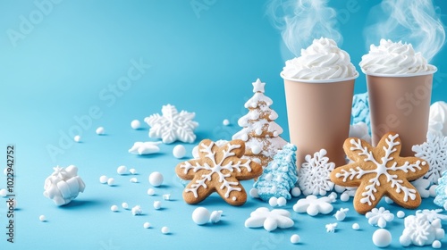 Warm holiday drinks with whipped cream, decorated cookies, and snowflakes create a cozy winter atmosphere.